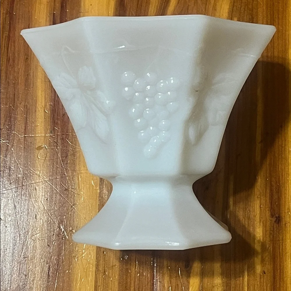 Vintage White Milk Glass Octagonal Vase Dish with Grape Design